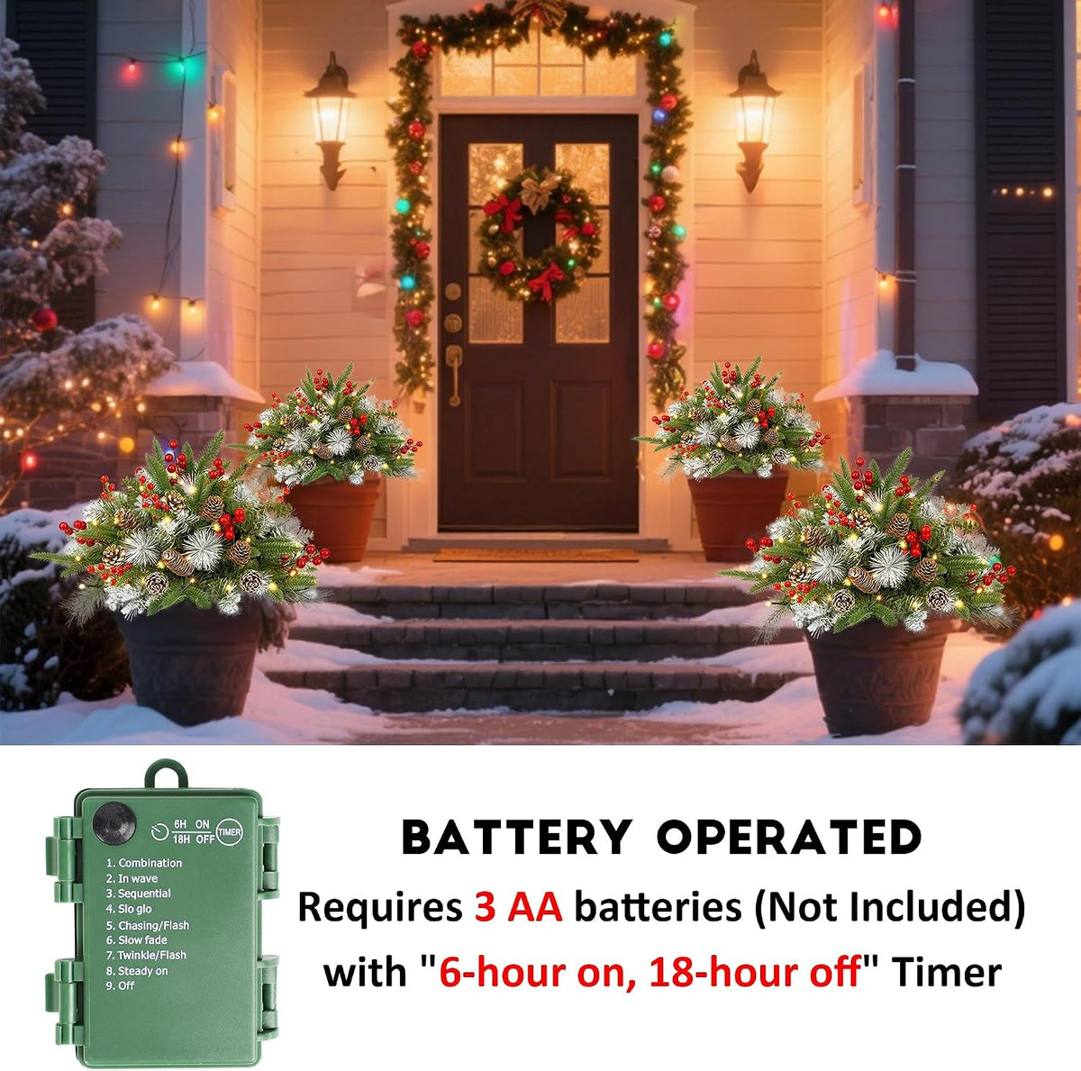 Outdoor Urn Filler, Set of 2 Lighted Outdoor Christmas Tree, Battery Operated Christmas Porch Decorations for Driveway, Yard, Garden, Flower Beds