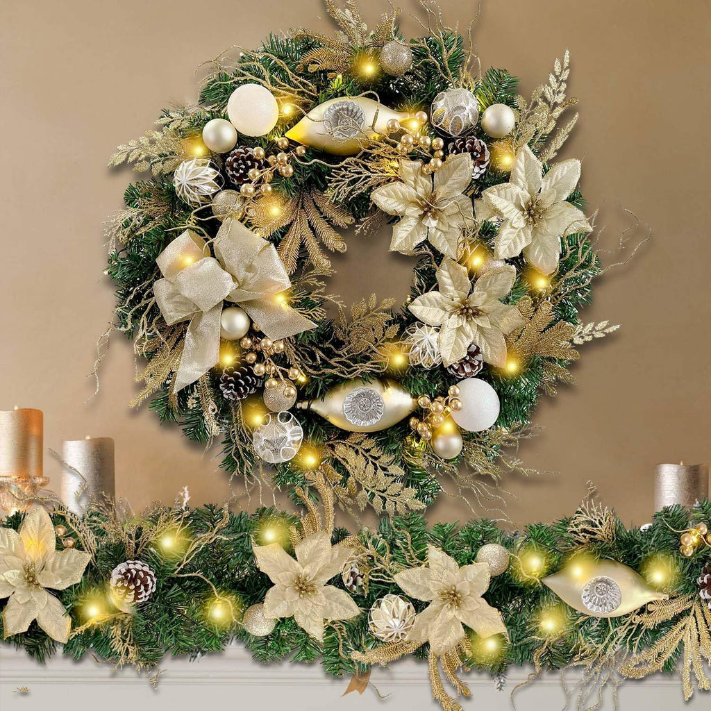 Pre-Lit 24 Inch Champagne Gold Christmas Wreath for Front Door