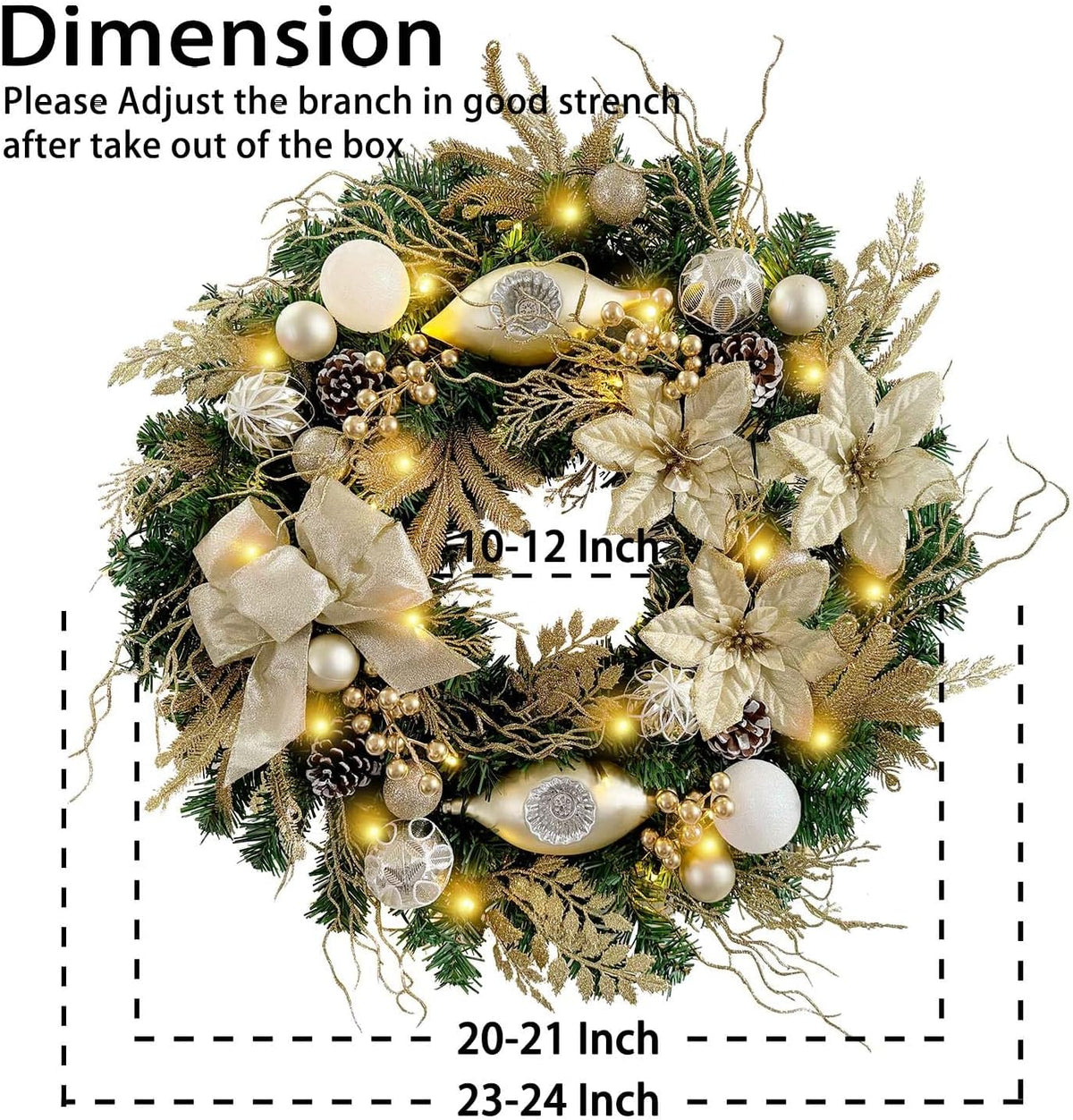 Pre-Lit 24 Inch Champagne Gold Christmas Wreath for Front Door