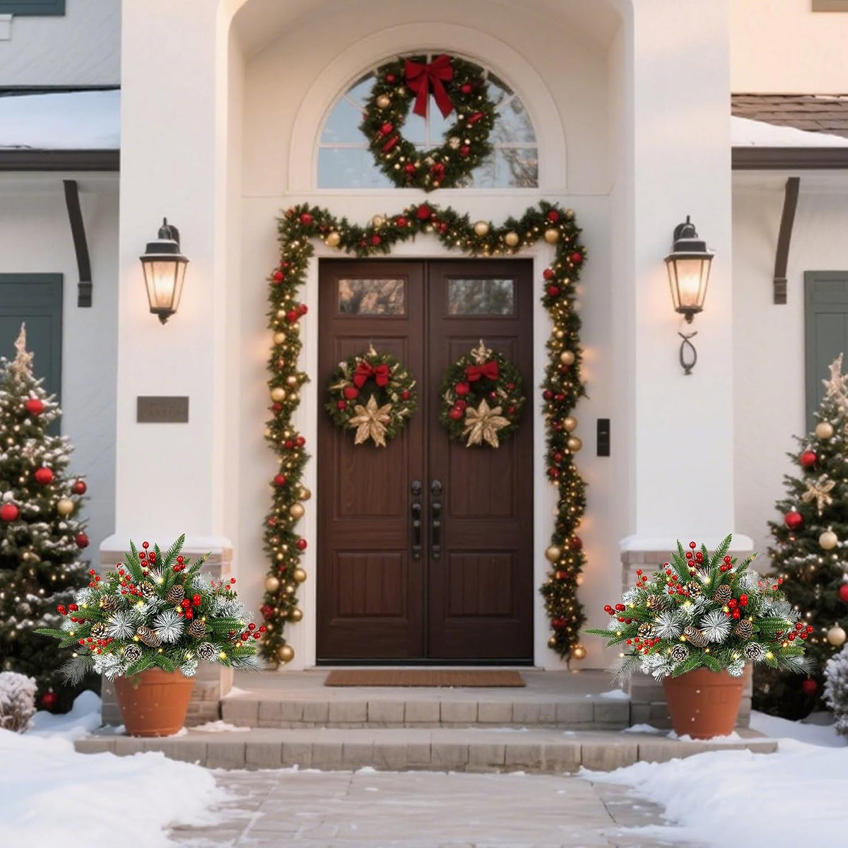 Outdoor Urn Filler, Set of 2 Lighted Outdoor Christmas Tree, Battery Operated Christmas Porch Decorations for Driveway, Yard, Garden, Flower Beds