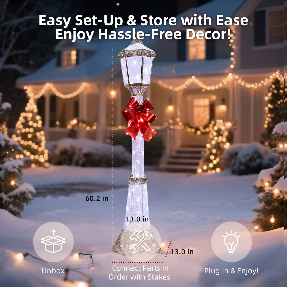 60-Inch Outdoor Christmas Yard Decoration Outdoor Lighted Lamppost Christmas Street Lamp Holiday Decoration LED Lamp Post for Lawn