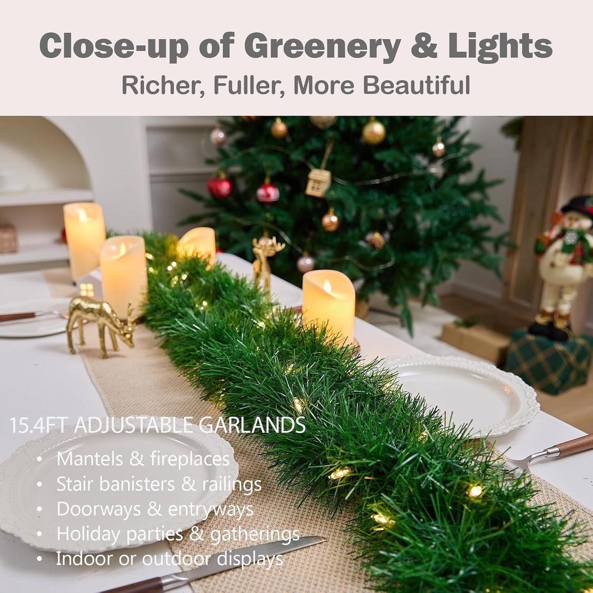 15.4Ft Pre-Lit Christmas Garland with Lights – 50 LED Lighted Garlands for Christmas Decorations Indoor Outdoor, Battery Operated 8 Modes Memory Timer for Mantel Stair Banister Doorframe Décor
