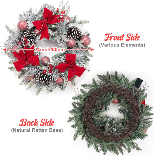 24 Inch Lighted Christmas Wreaths, Pre-Lit Xmas Wreath with 3 Red Bow, Pine Wreath with 30 LED Lights, Light up Christmas Wreath for Front Door Holiday Wall Christmas Party Decor