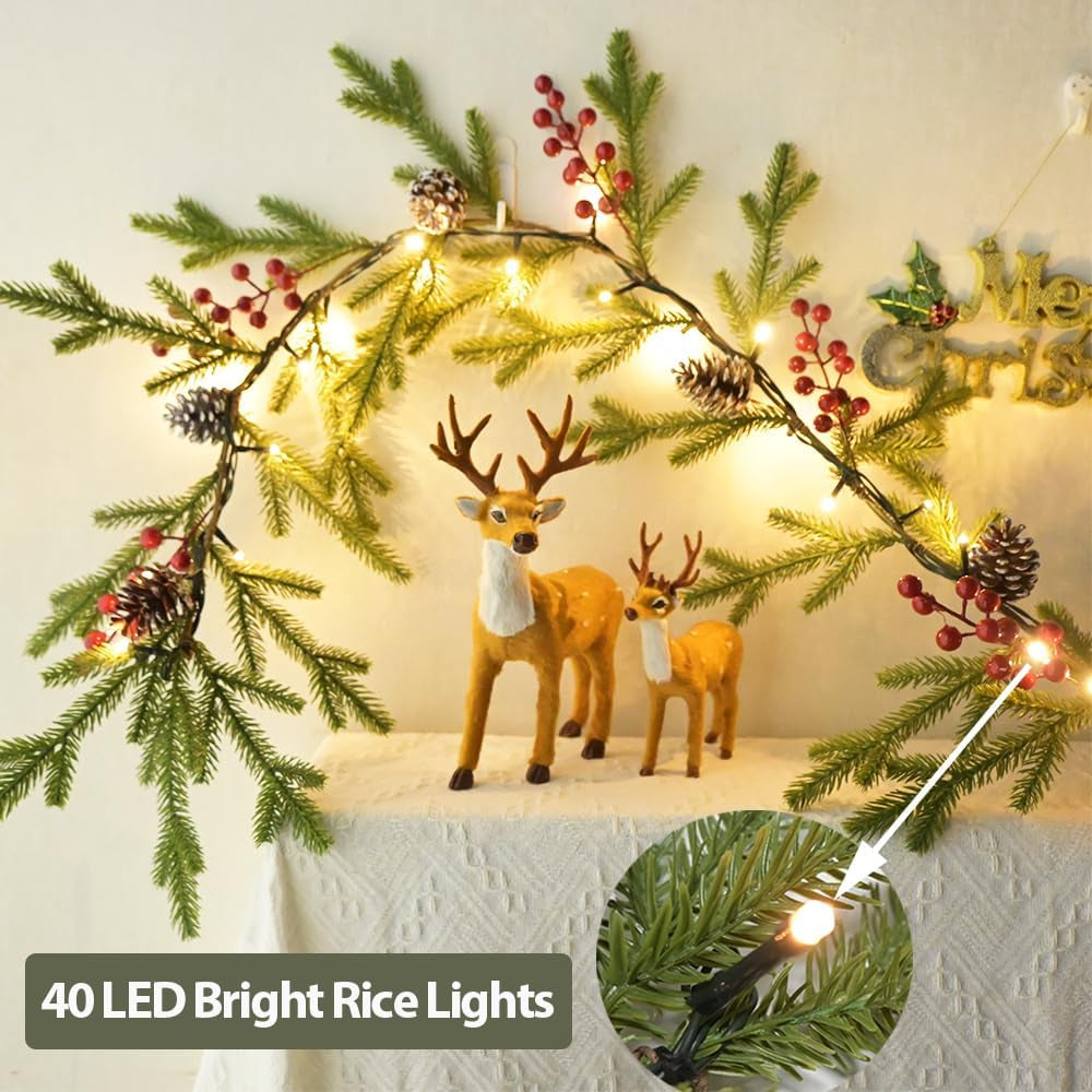 Christmas Garland 6.56 FT 40 LED Norfolk Twig Pine Garlands with Lights Battery Operated with Timer Red Berry Snowy Pinecone Christmas Decoration for Mantle Fireplace Indoor Outdoor Holiday Home Decor