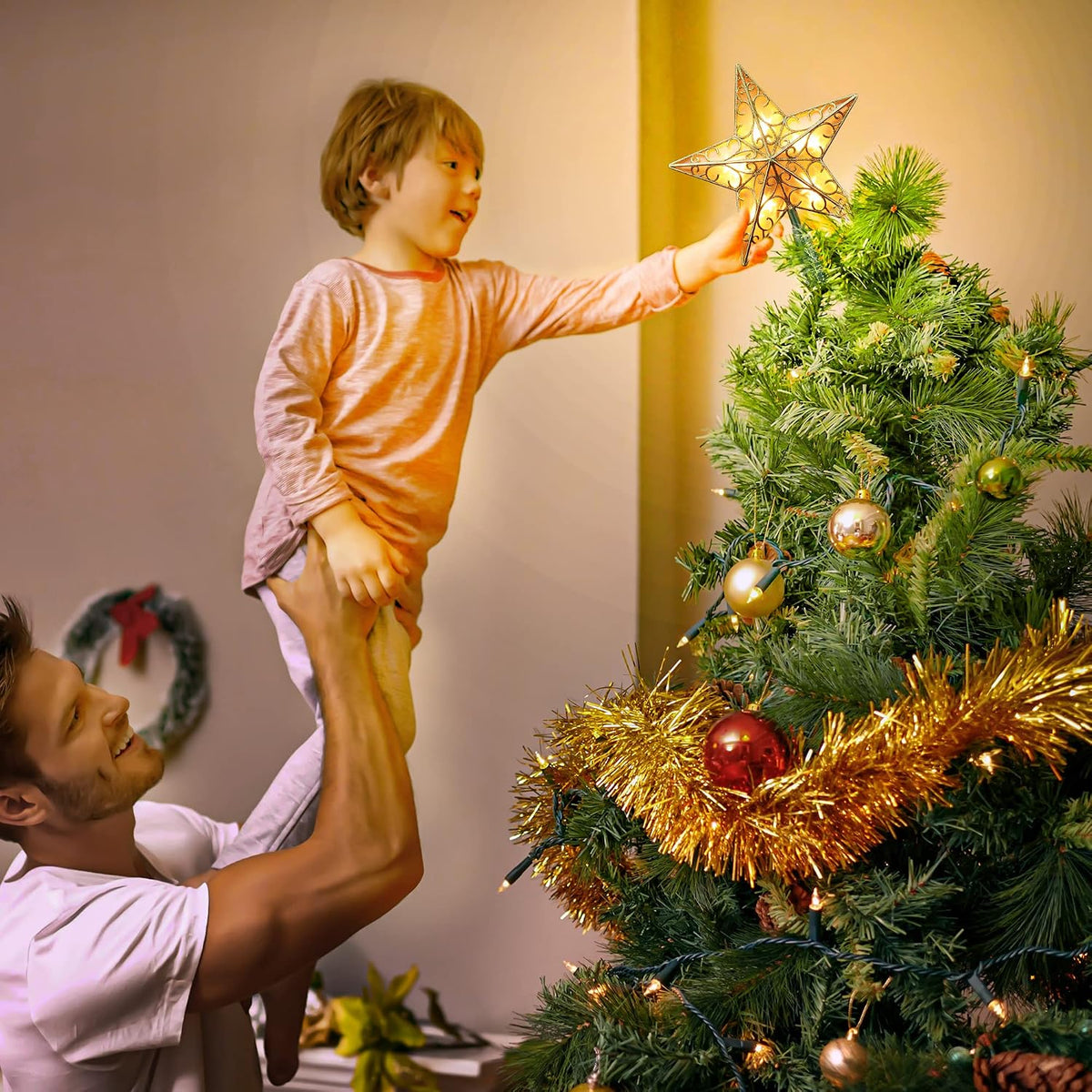 Gold Christmas Tree Topper, 9.5" 3D Xmas Tree Star with 10 Lights
