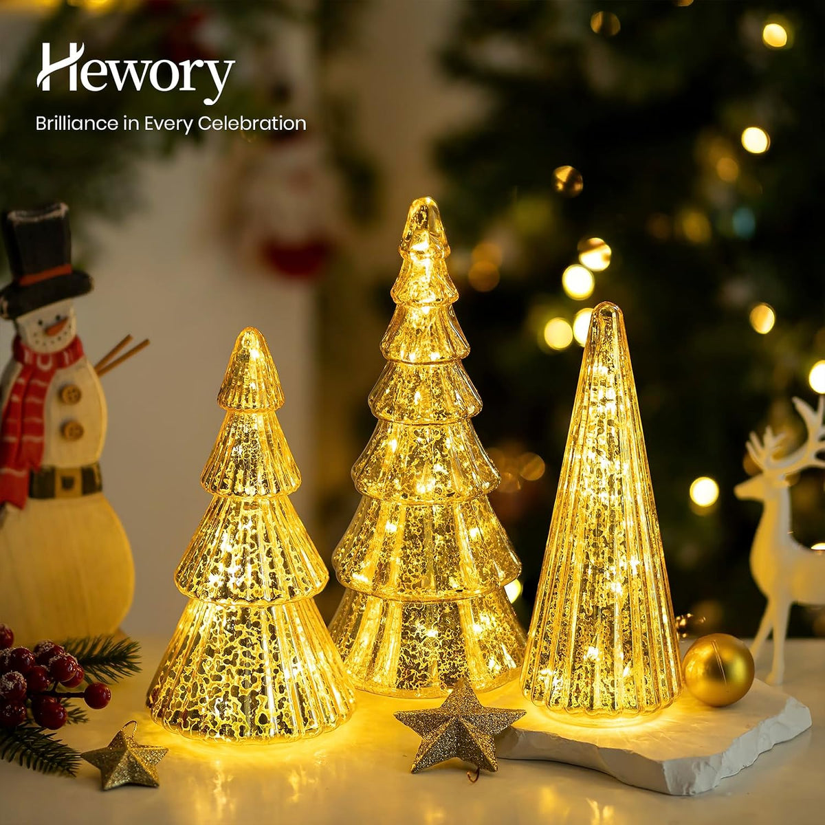 Mercury Glass Christmas Tree: Set of 3 Gold Table Top Christmas Ornaments Trees with LED Lights, Christmas Centerpiece Table Decorations Indoor for Dining Fireplace Mantel Winter Holiday Decor