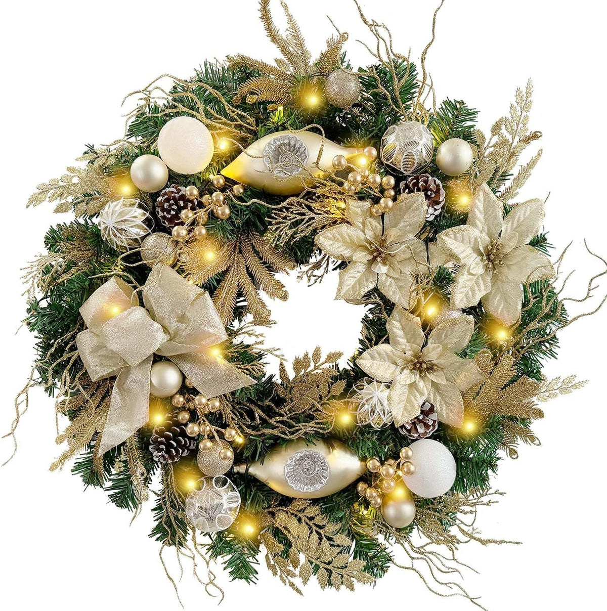 Pre-Lit 24 Inch Champagne Gold Christmas Wreath for Front Door