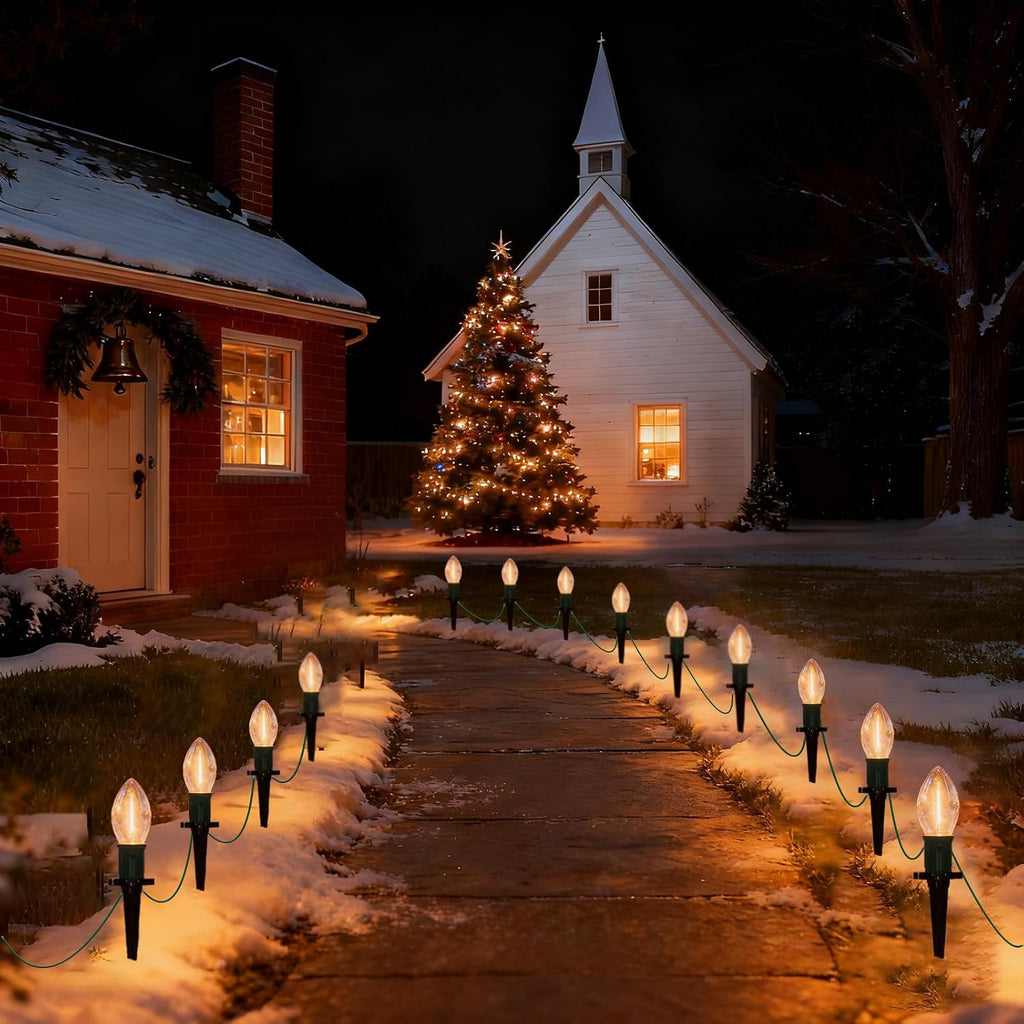 C9 Christmas Lights Outdoor, 38Ft Christmas Pathway Lights with 27 LED Bulbs and 25 Marker Stakes, Connectable Outdoor Decorations Yard Walkway Sidewalk Holiday, Warm White