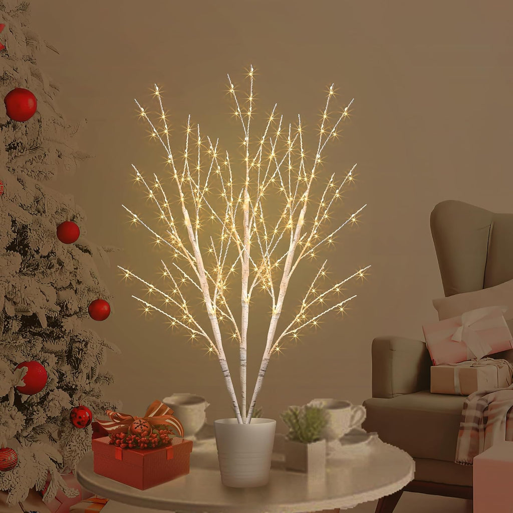 33In Birch Light Tree with 180 LED Lights, Plug in Twig Lights