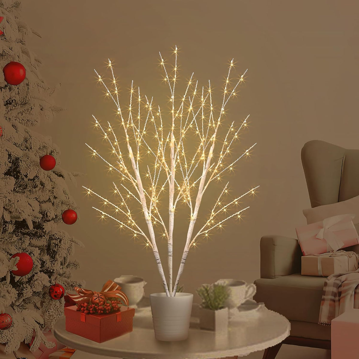 33In Birch Light Tree with 180 LED Lights, Plug in Twig Lights