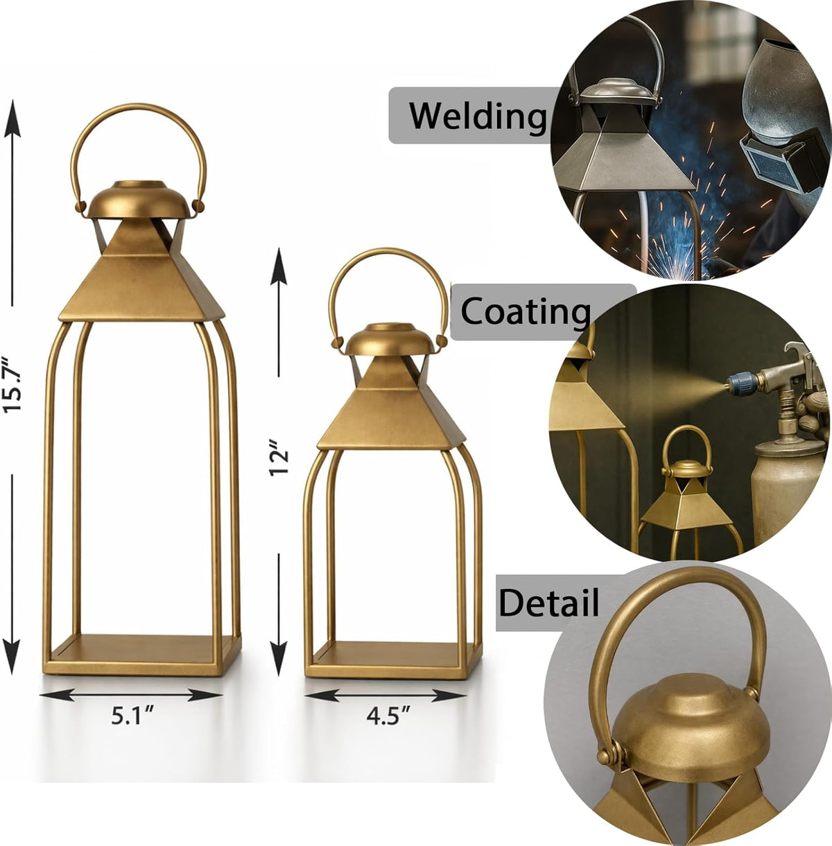 Decorative Metal Lanterns Indoor Outdoor, Candle Holder for Porch, Patio, Fireplace, Floor, Wedding, Christmas, Fall, Holiday, Farmhouse Table Centerpiece (Antique Gold, Set of 2 15.7" 12")