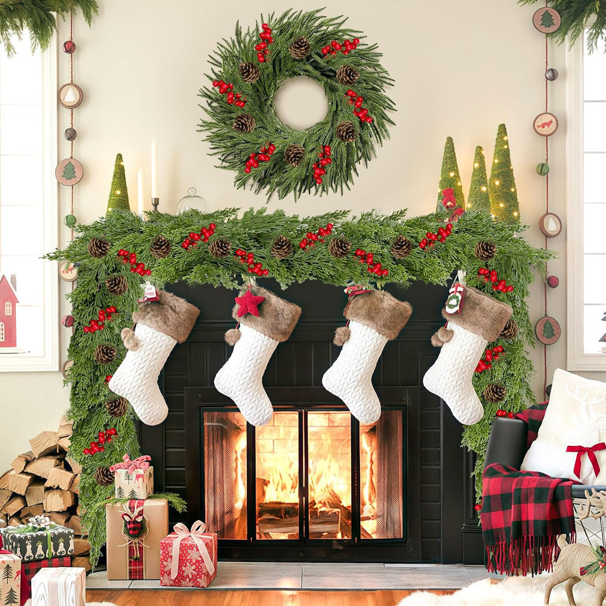 9.8FT Christmas Cedar Garland with 3 Pinecone Berry, Realistic Soft Faux Cedar Garlands,Thickness Pine Garland for Home Fireplace Mantle Table Stair Handrail, Indoor Outdoor Christmas Decorations