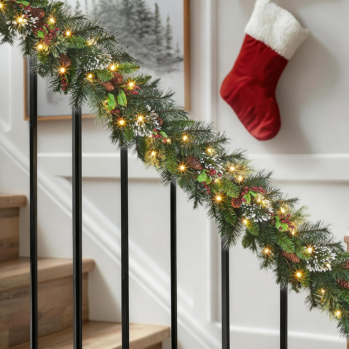 Christmas Wreath and Garland Set of 6, Prelit LED Artificial Christmas Décor with One Xmas Wreath and Arc Garland, 2 PCS of Garlands and Teardrop Garlands for Indoor Outdoor Home Décor