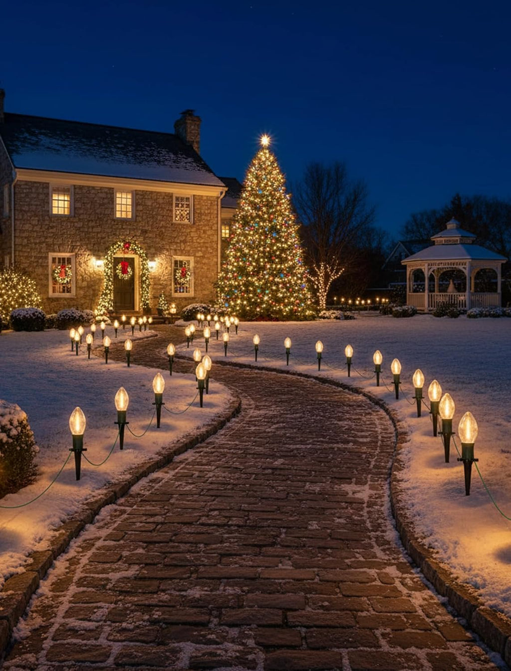 C9 Christmas Lights Outdoor, 38Ft Christmas Pathway Lights with 27 LED Bulbs and 25 Marker Stakes, Connectable Outdoor Decorations Yard Walkway Sidewalk Holiday, Warm White