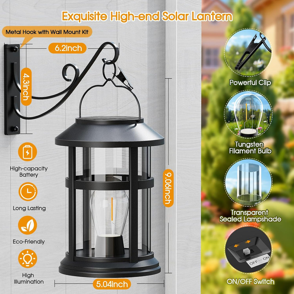 Solar Lanterns Outdoor Waterproof with Wall Mount Kit, Upgraded Brighter Hanging Solar Lights for Outside, Auto On/Off Solar Powered Lantern for Garden Yard Patio Porch Decor, Gift for Mom
