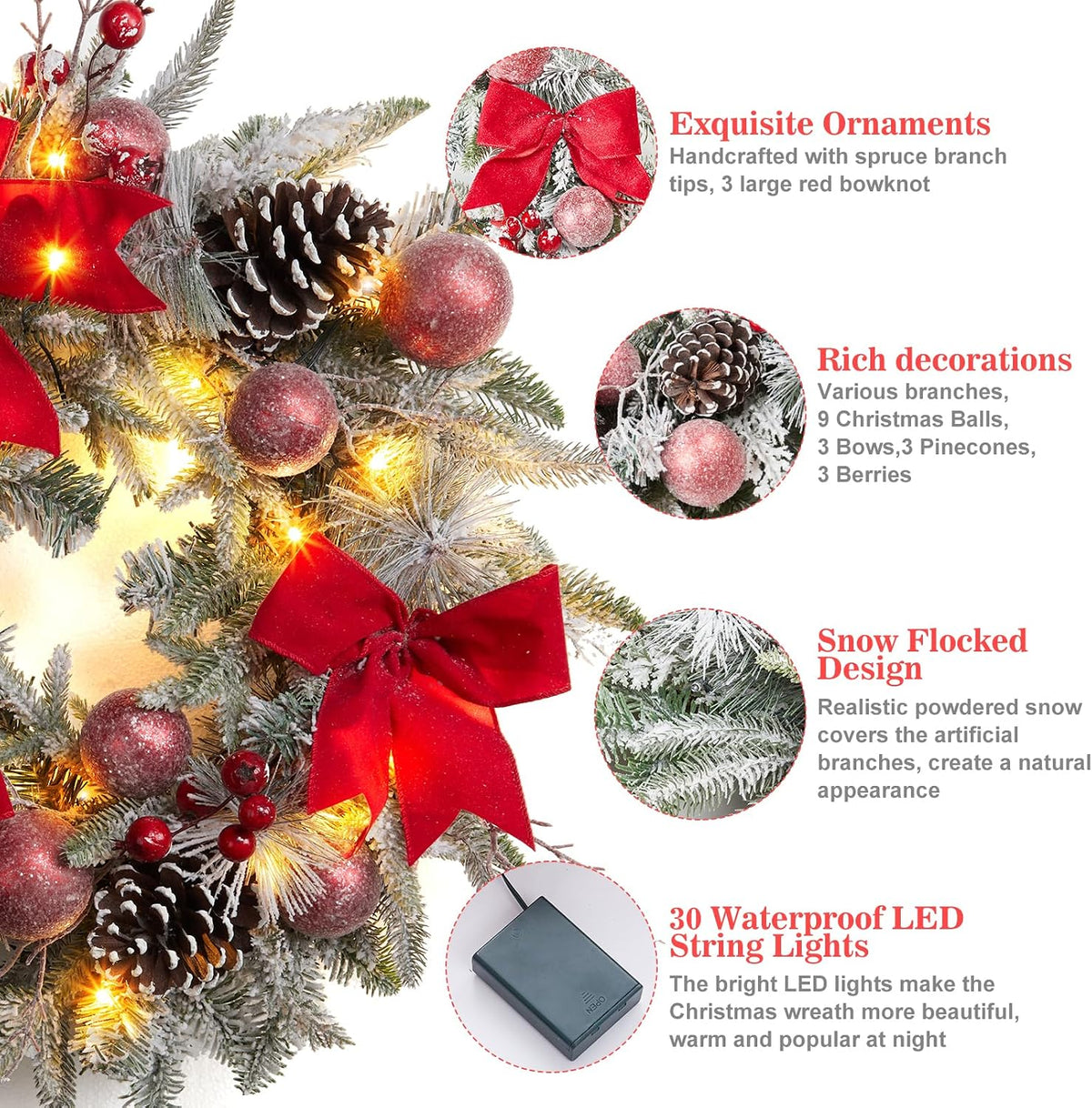 24 Inch Lighted Christmas Wreaths, Pre-Lit Xmas Wreath with 3 Red Bow, Pine Wreath with 30 LED Lights, Light up Christmas Wreath for Front Door Holiday Wall Christmas Party Decor