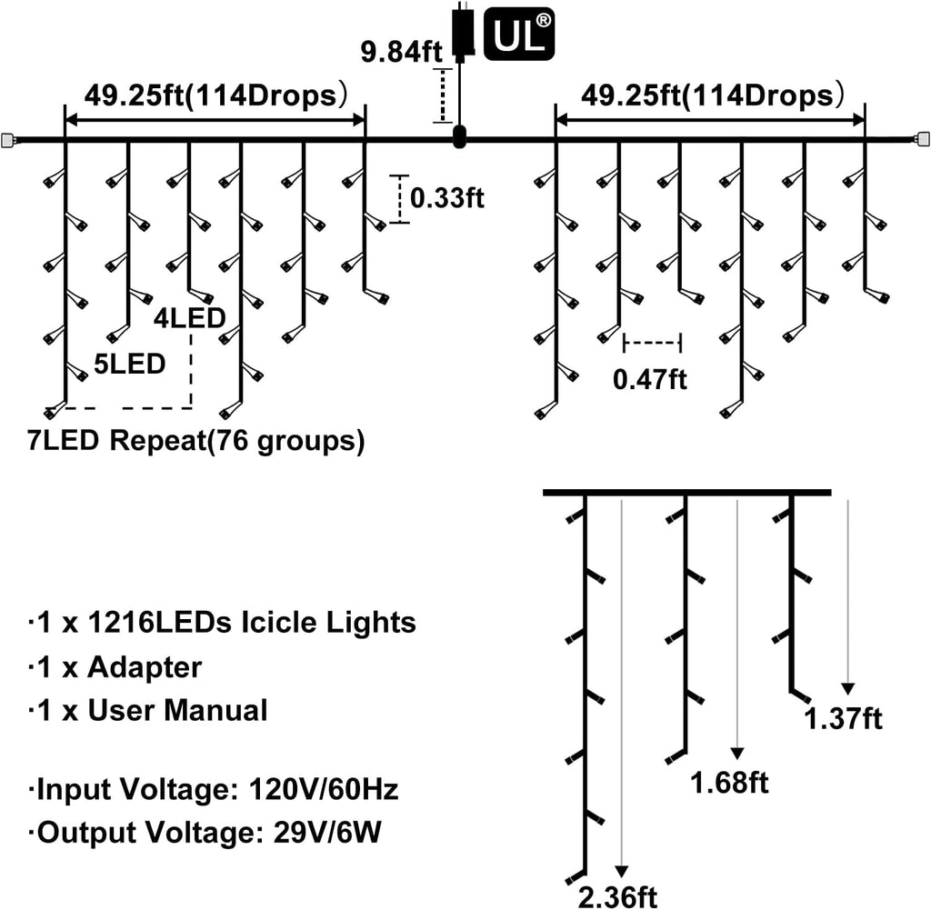 White Christmas Lights Outdoor 99Ft 1216LED Icicle Lights Twinkle Xmas