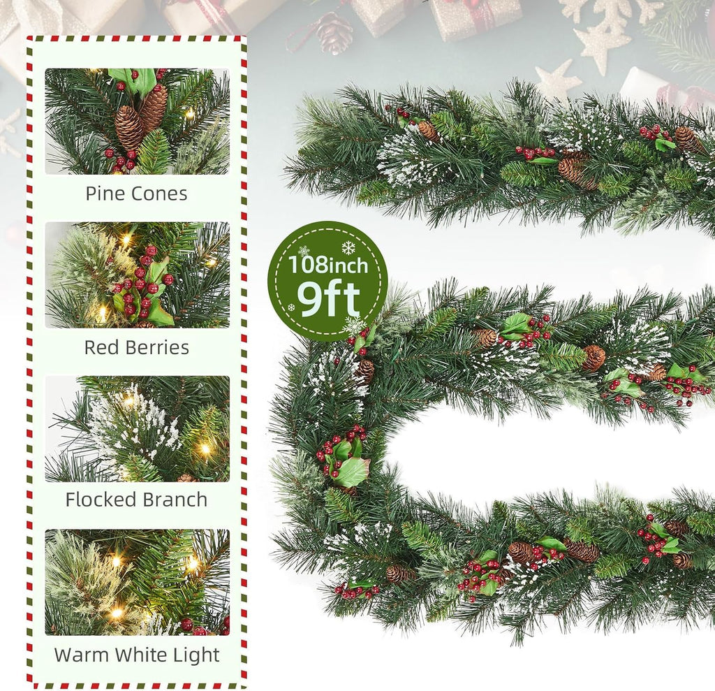 Christmas Wreath and Garland Set of 6, Prelit LED Artificial Christmas Décor with One Xmas Wreath and Arc Garland, 2 PCS of Garlands and Teardrop Garlands for Indoor Outdoor Home Décor