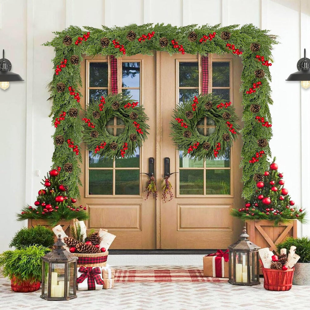 9.8FT Christmas Cedar Garland with 3 Pinecone Berry, Realistic Soft Faux Cedar Garlands,Thickness Pine Garland for Home Fireplace Mantle Table Stair Handrail, Indoor Outdoor Christmas Decorations