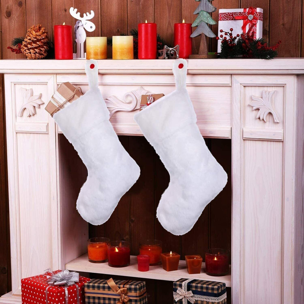 Large Set of 2 White Faux Fur Christmas Stocking 20" Xmas Hanging Presents NEW