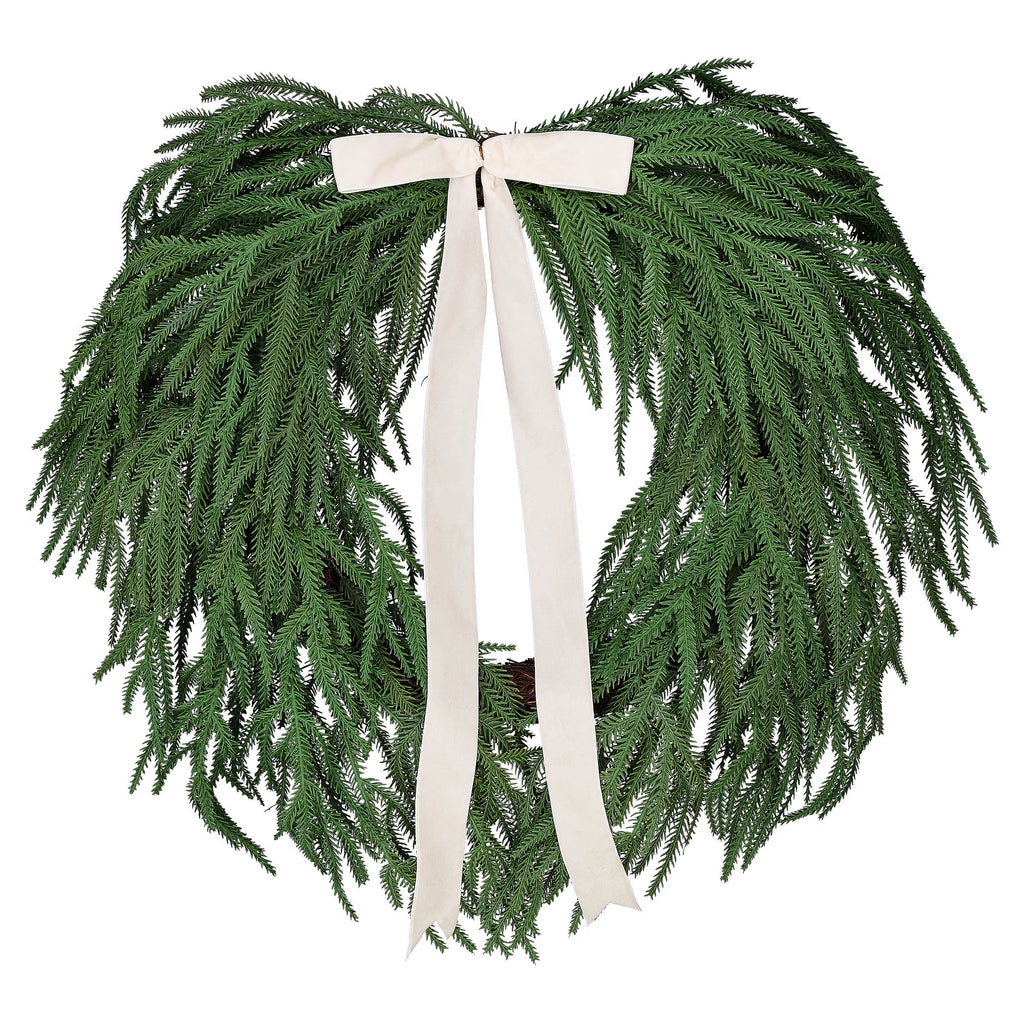 Natural Feel Norfolk Artificial Christmas Wreath with Bow, Green, 22"