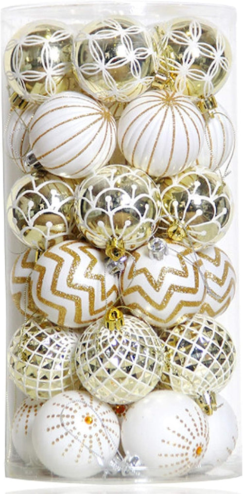 30PCS Christmas Balls Ornaments,60Mm Gold&White Painted Shatterproof Festive Wedding Hanging Ornaments Christmas Tree Decoration