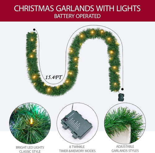 15.4Ft Pre-Lit Christmas Garland with Lights – 50 LED Lighted Garlands for Christmas Decorations Indoor Outdoor, Battery Operated 8 Modes Memory Timer for Mantel Stair Banister Doorframe Décor