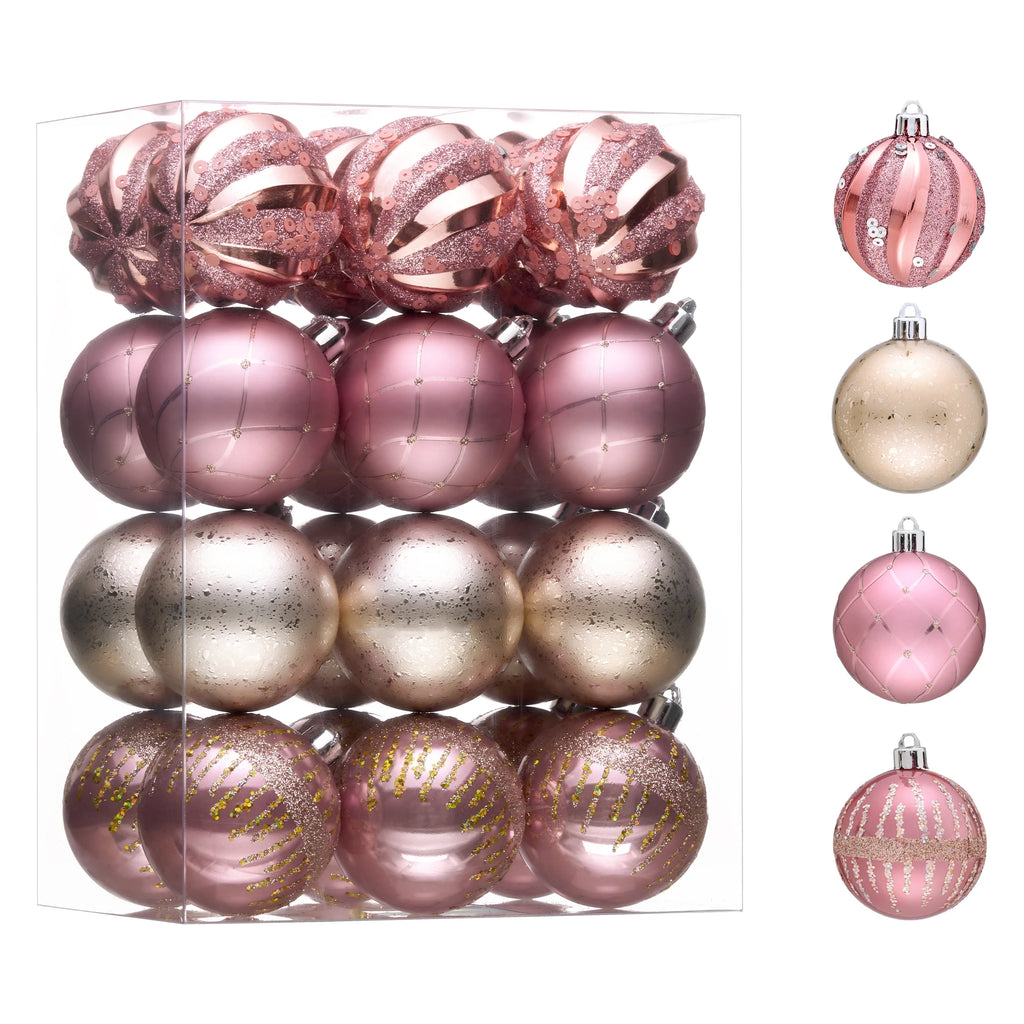 24Ct 2.36" Christmas Ball Ornaments, Pink Gold Shatterproof Ornaments for Christmas Tree Decor