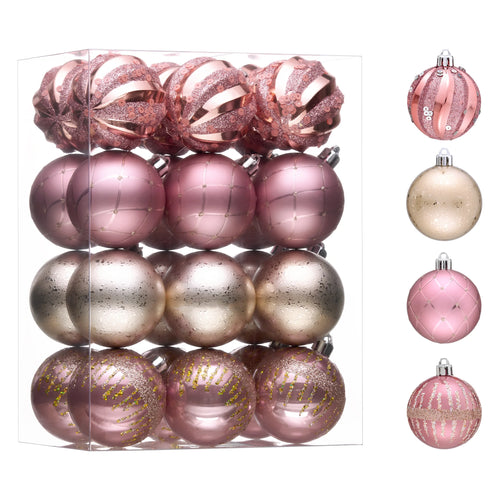 24Ct 2.36" Christmas Ball Ornaments, Pink Gold Shatterproof Ornaments for Christmas Tree Decor