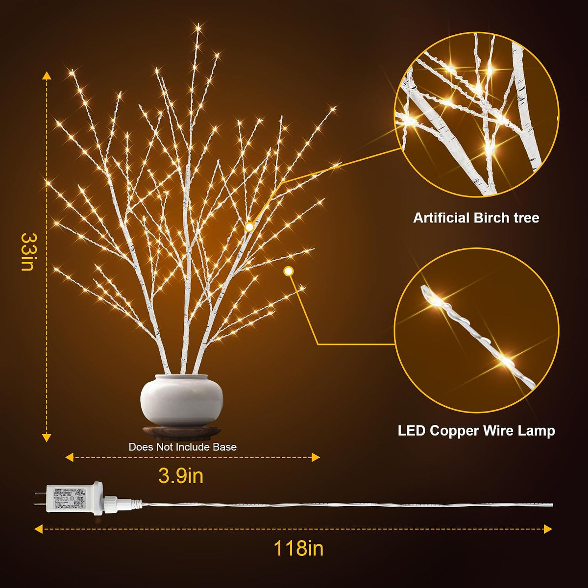 33In Birch Light Tree with 180 LED Lights, Plug in Twig Lights