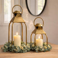 Decorative Metal Lanterns Indoor Outdoor, Candle Holder for Porch, Patio, Fireplace, Floor, Wedding, Christmas, Fall, Holiday, Farmhouse Table Centerpiece (Antique Gold, Set of 2 15.7" 12")