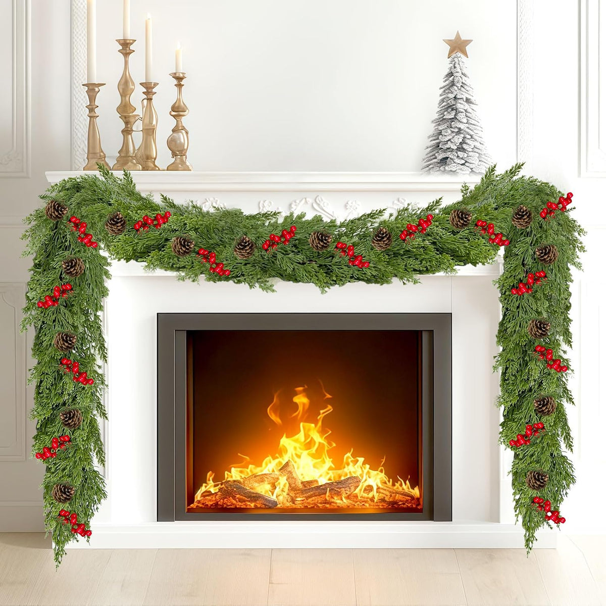9.8FT Christmas Cedar Garland with 3 Pinecone Berry, Realistic Soft Faux Cedar Garlands,Thickness Pine Garland for Home Fireplace Mantle Table Stair Handrail, Indoor Outdoor Christmas Decorations