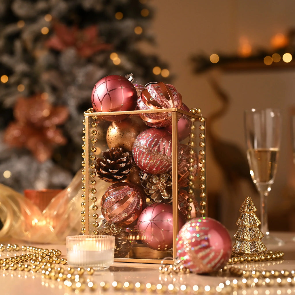 24Ct 2.36" Christmas Ball Ornaments, Pink Gold Shatterproof Ornaments for Christmas Tree Decor