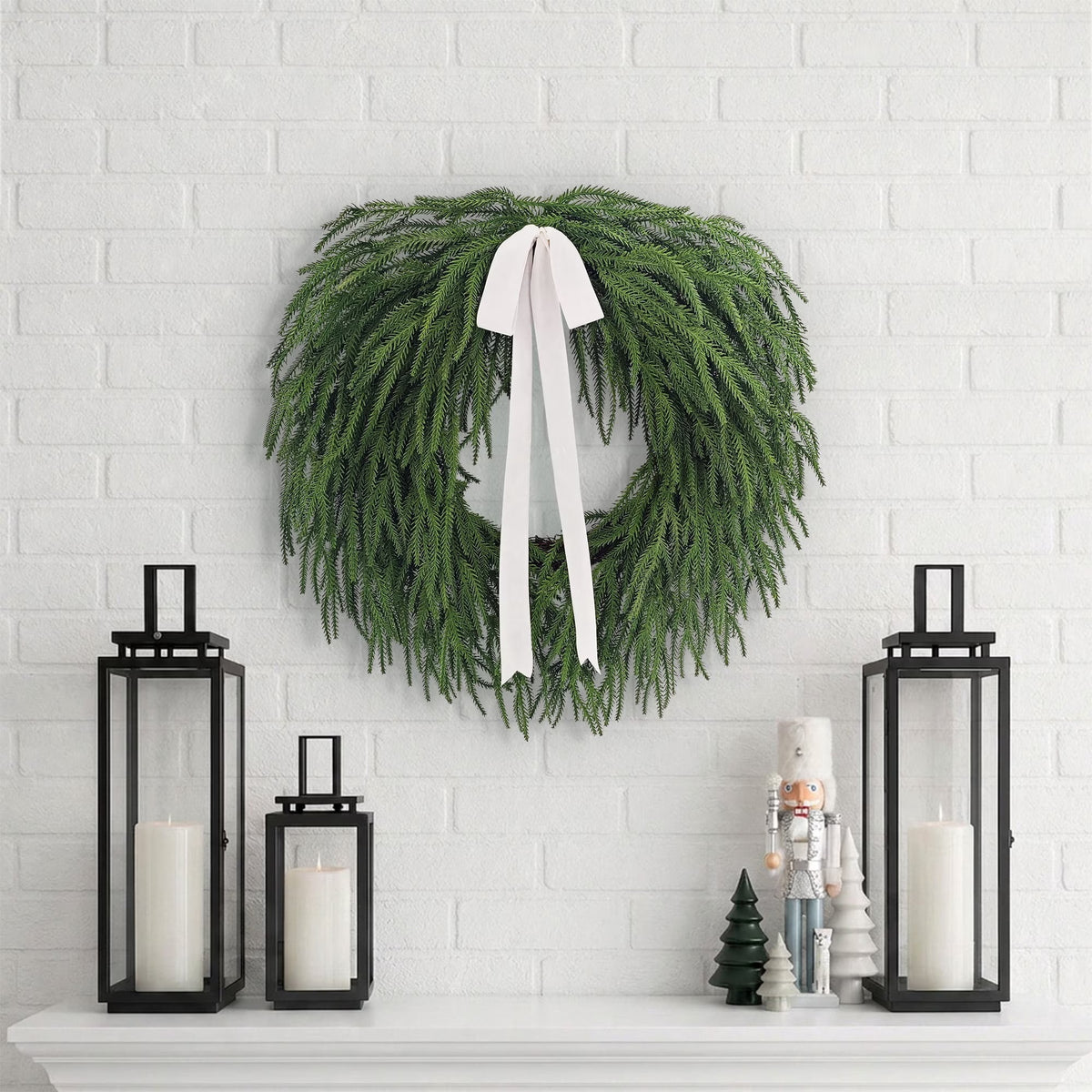 Natural Feel Norfolk Artificial Christmas Wreath with Bow, Green, 22"