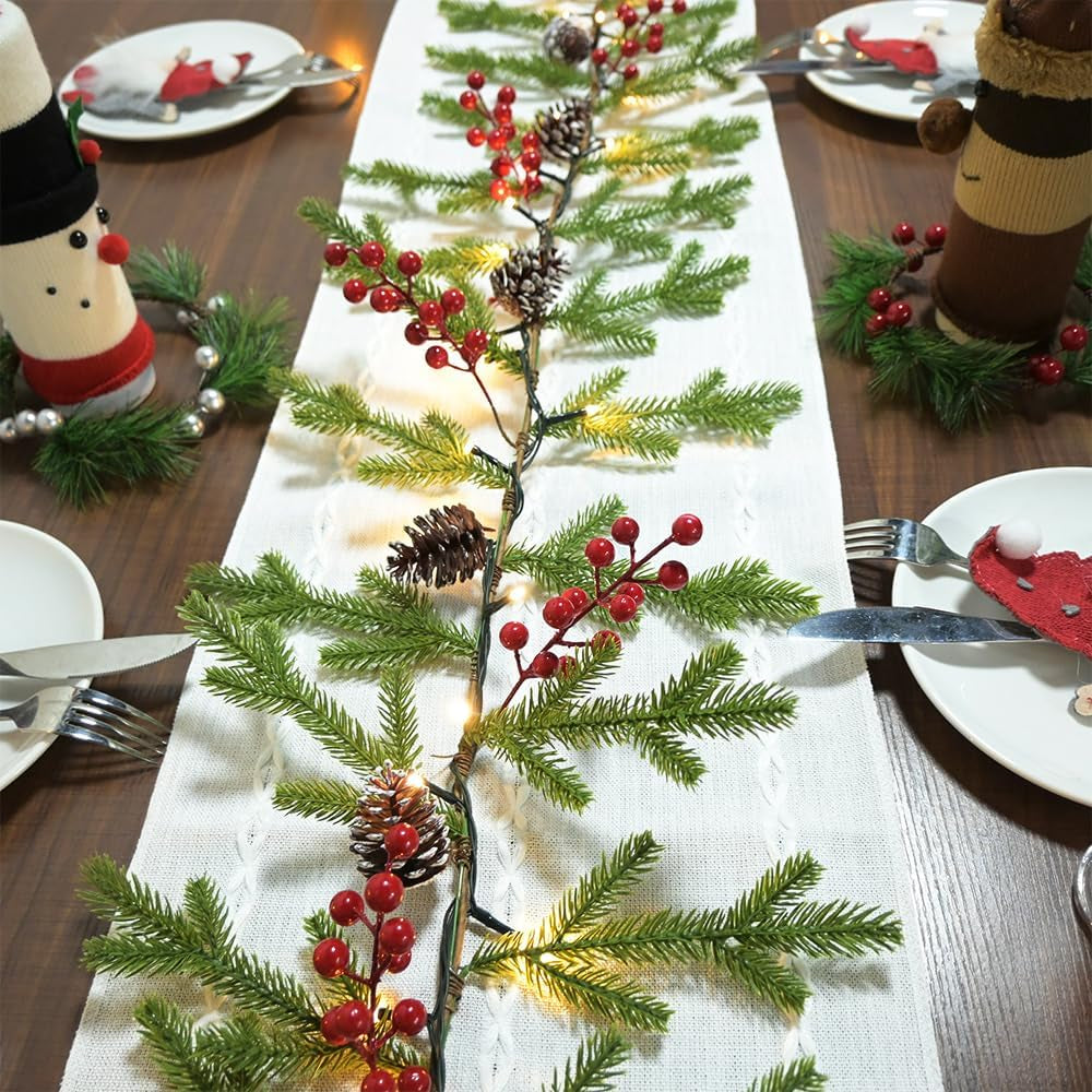 Christmas Garland 6.56 FT 40 LED Norfolk Twig Pine Garlands with Lights Battery Operated with Timer Red Berry Snowy Pinecone Christmas Decoration for Mantle Fireplace Indoor Outdoor Holiday Home Decor