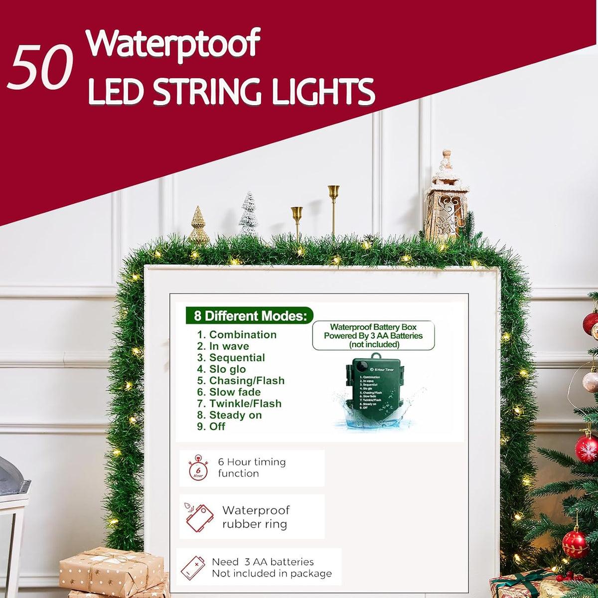 15.4Ft Pre-Lit Christmas Garland with Lights – 50 LED Lighted Garlands for Christmas Decorations Indoor Outdoor, Battery Operated 8 Modes Memory Timer for Mantel Stair Banister Doorframe Décor