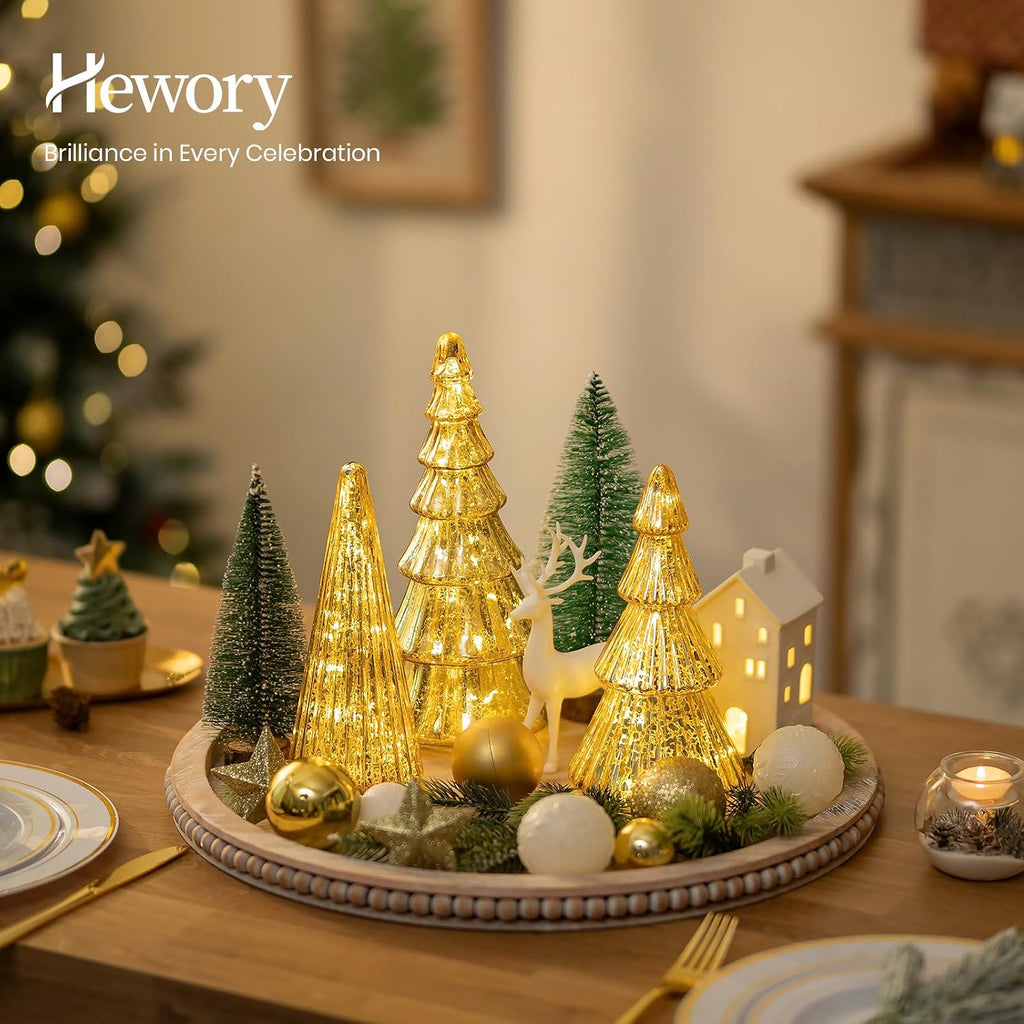 Mercury Glass Christmas Tree: Set of 3 Gold Table Top Christmas Ornaments Trees with LED Lights, Christmas Centerpiece Table Decorations Indoor for Dining Fireplace Mantel Winter Holiday Decor