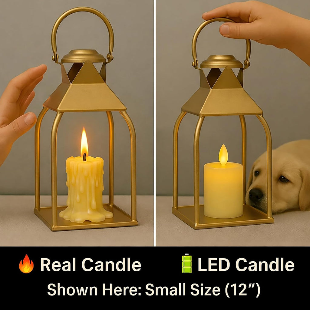Decorative Metal Lanterns Indoor Outdoor, Candle Holder for Porch, Patio, Fireplace, Floor, Wedding, Christmas, Fall, Holiday, Farmhouse Table Centerpiece (Antique Gold, Set of 2 15.7" 12")