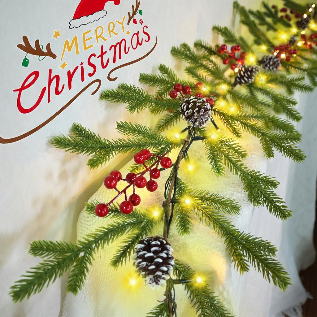 Christmas Garland 6.56 FT 40 LED Norfolk Twig Pine Garlands with Lights Battery Operated with Timer Red Berry Snowy Pinecone Christmas Decoration for Mantle Fireplace Indoor Outdoor Holiday Home Decor