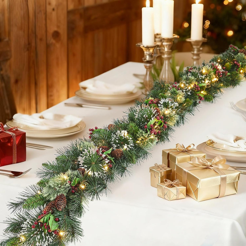 Christmas Wreath and Garland Set of 6, Prelit LED Artificial Christmas Décor with One Xmas Wreath and Arc Garland, 2 PCS of Garlands and Teardrop Garlands for Indoor Outdoor Home Décor