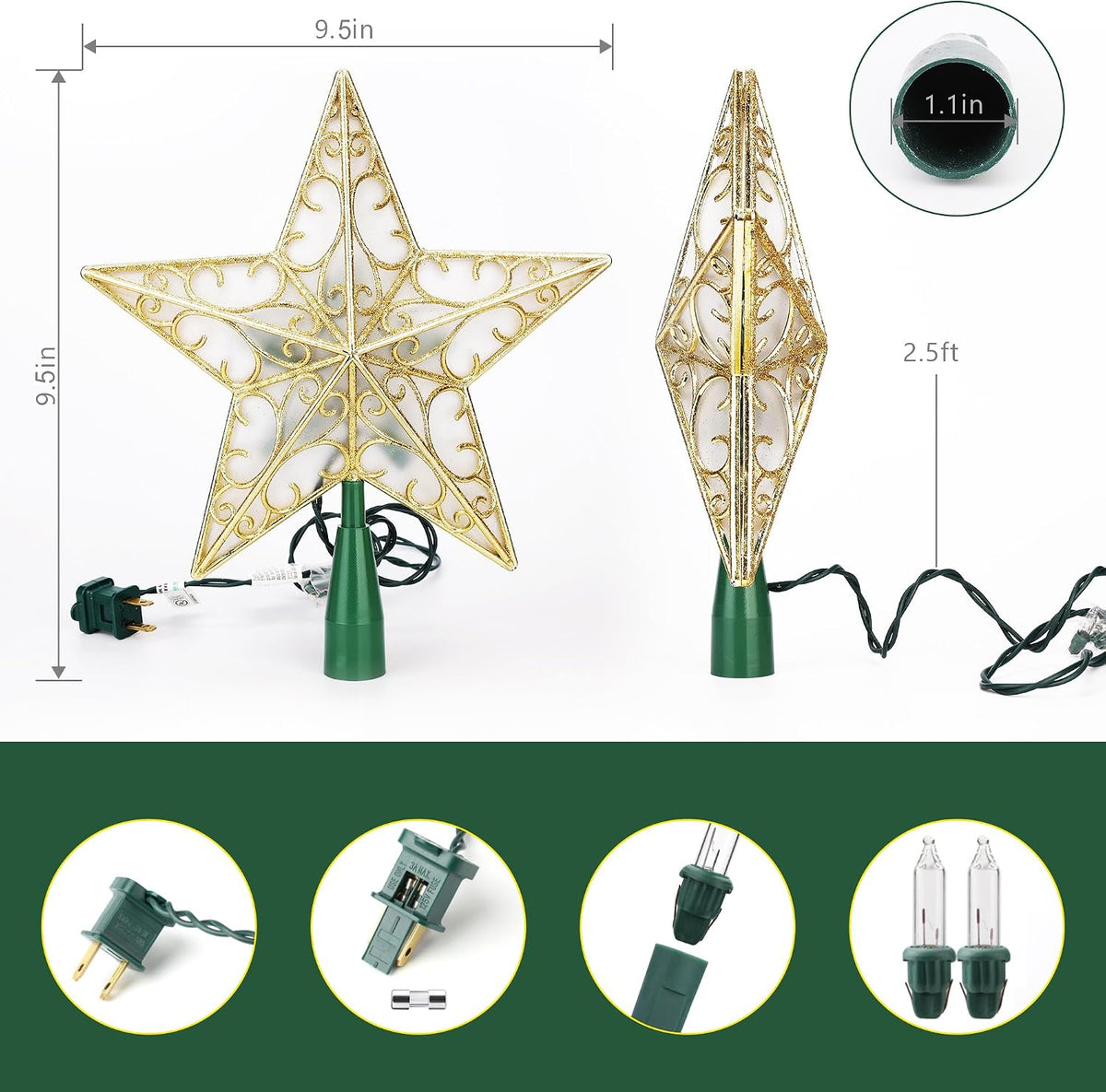 Gold Christmas Tree Topper, 9.5" 3D Xmas Tree Star with 10 Lights