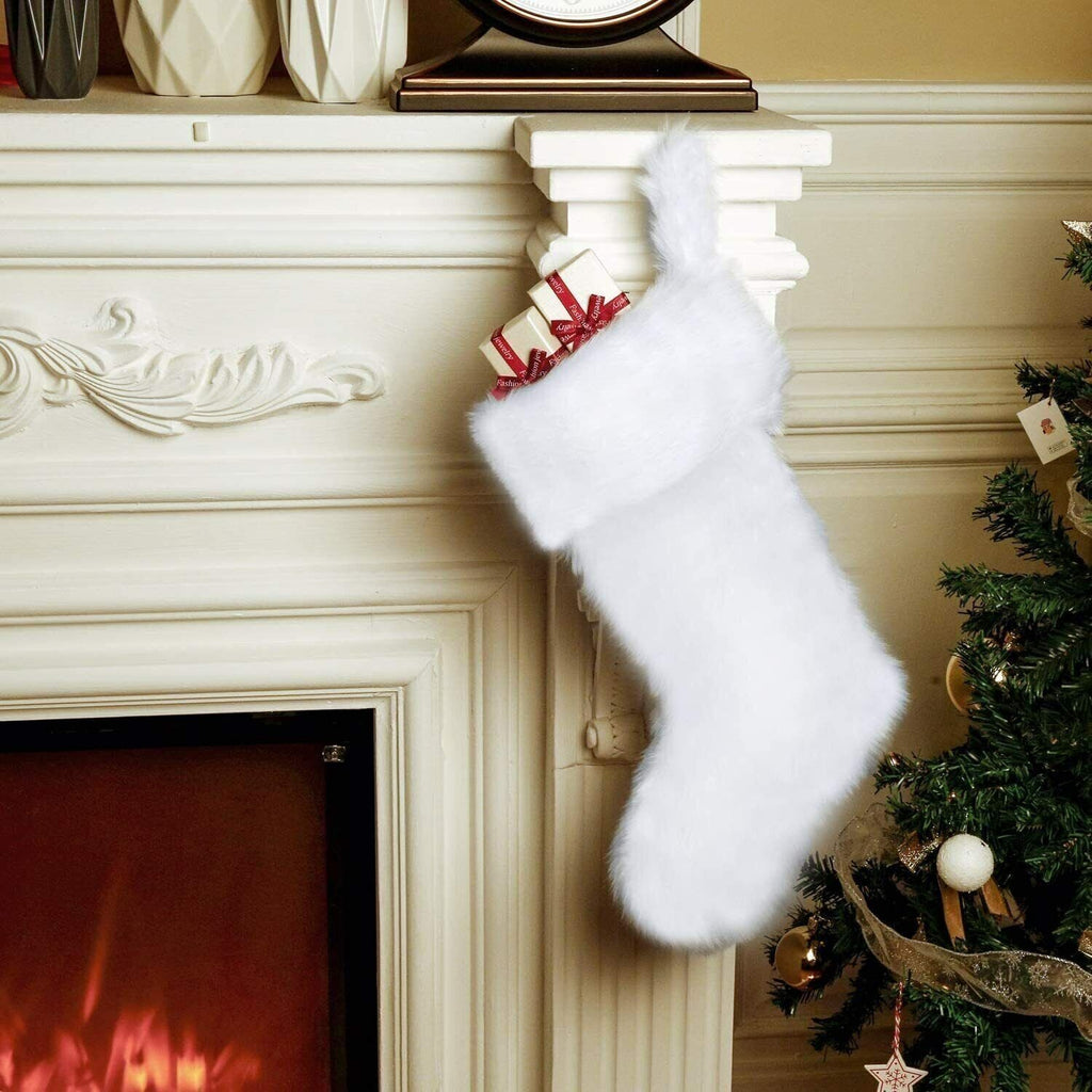Large Set of 2 White Faux Fur Christmas Stocking 20" Xmas Hanging Presents NEW