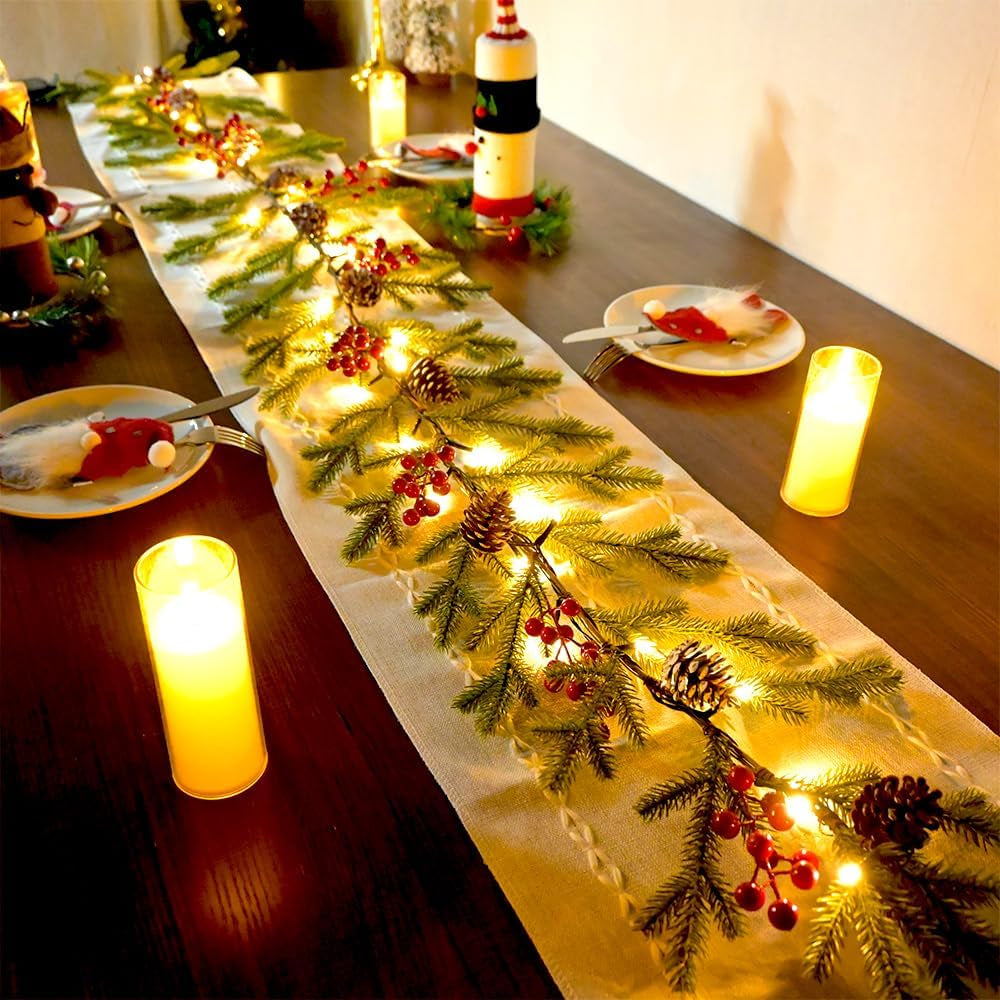 Christmas Garland 6.56 FT 40 LED Norfolk Twig Pine Garlands with Lights Battery Operated with Timer Red Berry Snowy Pinecone Christmas Decoration for Mantle Fireplace Indoor Outdoor Holiday Home Decor