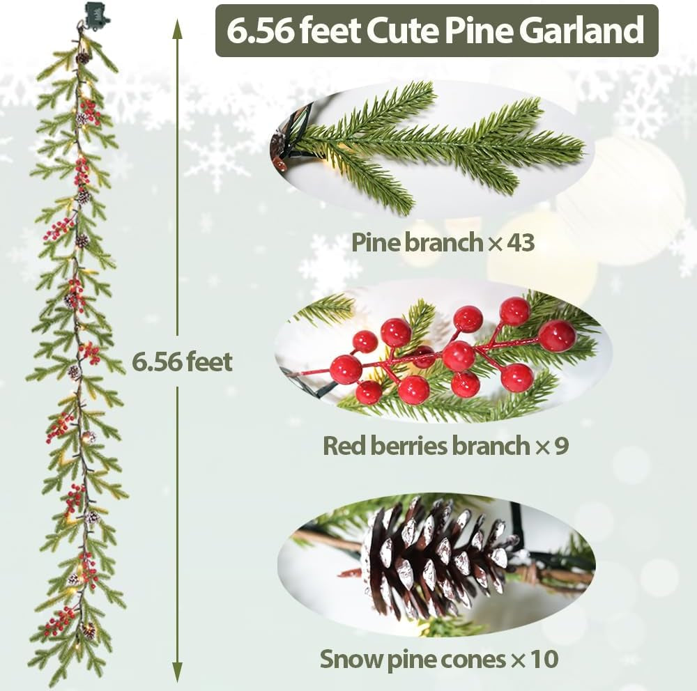 Christmas Garland 6.56 FT 40 LED Norfolk Twig Pine Garlands with Lights Battery Operated with Timer Red Berry Snowy Pinecone Christmas Decoration for Mantle Fireplace Indoor Outdoor Holiday Home Decor