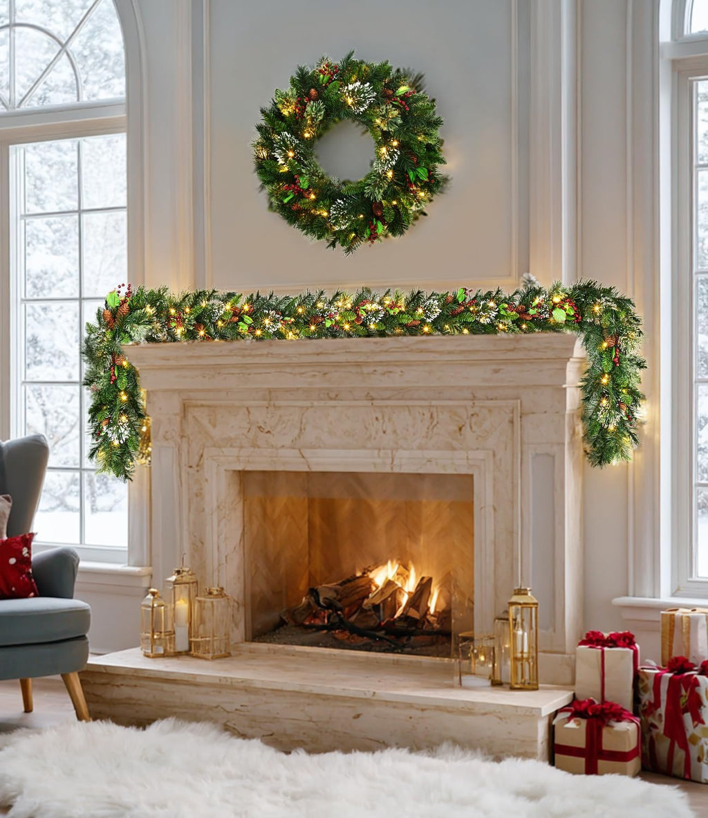 Christmas Wreath and Garland Set of 6, Prelit LED Artificial Christmas Décor with One Xmas Wreath and Arc Garland, 2 PCS of Garlands and Teardrop Garlands for Indoor Outdoor Home Décor