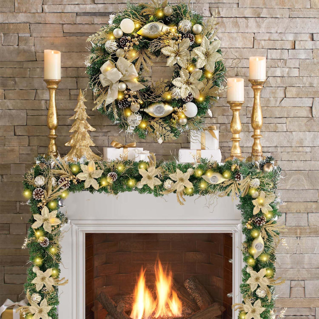 Pre-Lit 24 Inch Champagne Gold Christmas Wreath for Front Door