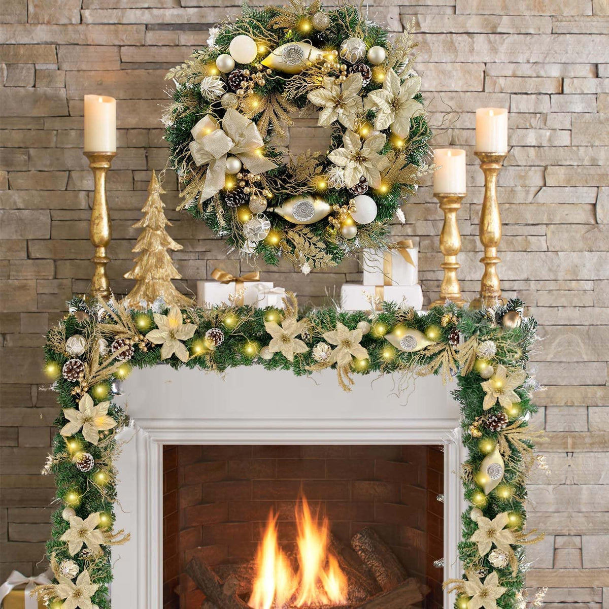 Pre-Lit 24 Inch Champagne Gold Christmas Wreath for Front Door