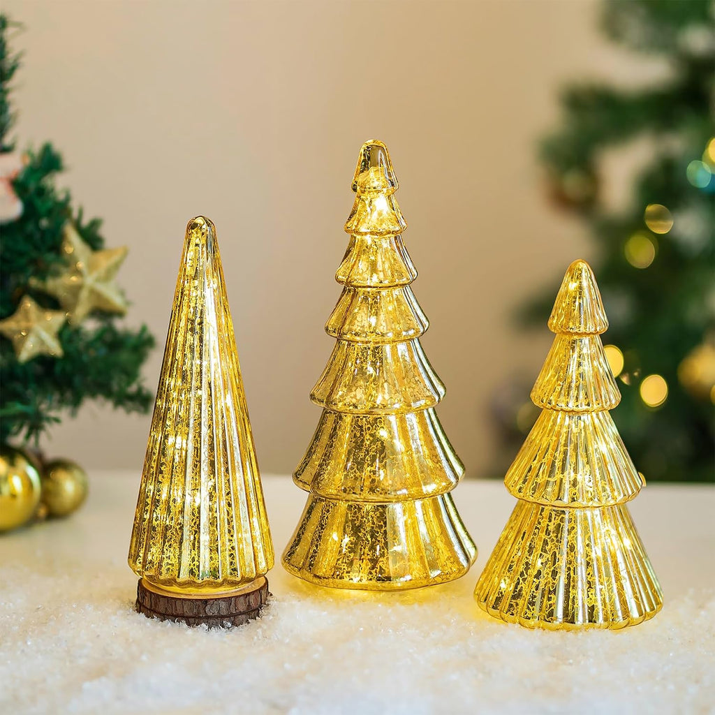 Mercury Glass Christmas Tree: Set of 3 Gold Table Top Christmas Ornaments Trees with LED Lights, Christmas Centerpiece Table Decorations Indoor for Dining Fireplace Mantel Winter Holiday Decor
