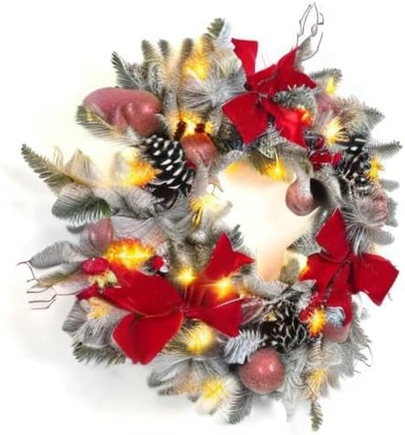 24 Inch Lighted Christmas Wreaths, Pre-Lit Xmas Wreath with 3 Red Bow, Pine Wreath with 30 LED Lights, Light up Christmas Wreath for Front Door Holiday Wall Christmas Party Decor