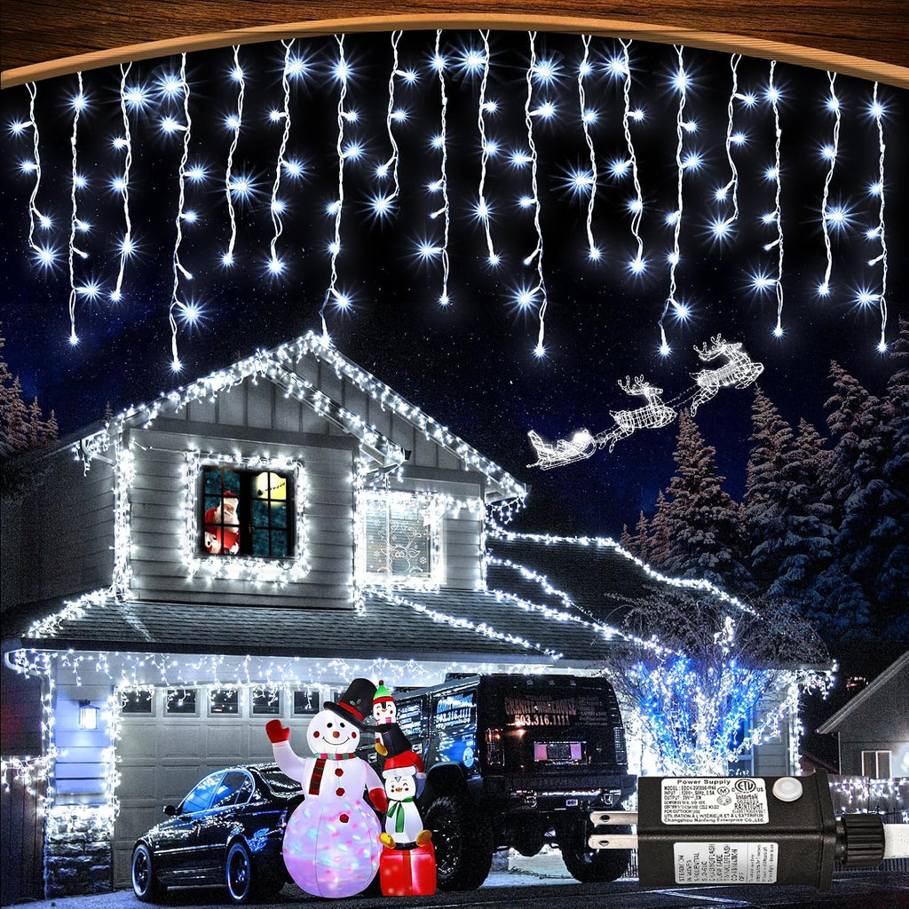 White Christmas Lights Outdoor 99Ft 1216LED Icicle Lights Twinkle Xmas